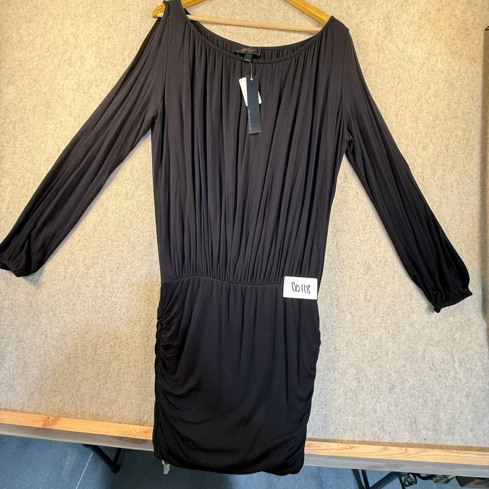 Akiko Black Ruched Mini Dress Long Sleeve Scoop Neck Neiman Marcus NWT Y2K